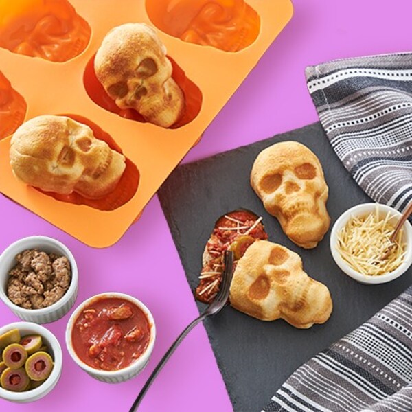 skull baking mold with finished baked goods on table